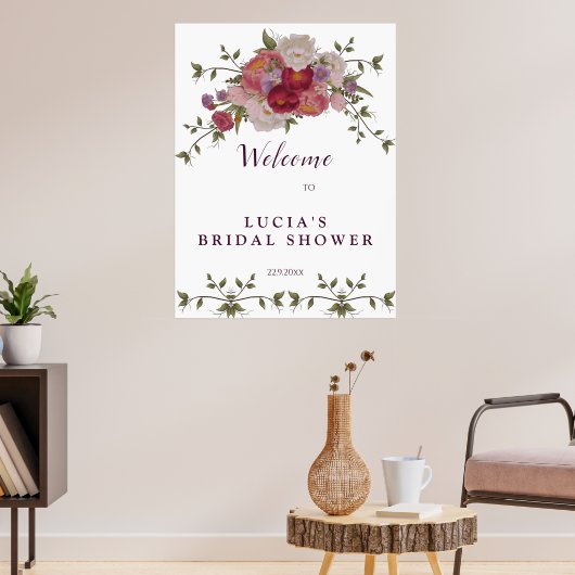 Elegante bruiloftsontvangst met burgundy bloemen poster (Woonkamer 3)