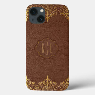 Elegante  bruin lederen gouden accenten iPhone 13 hoesje