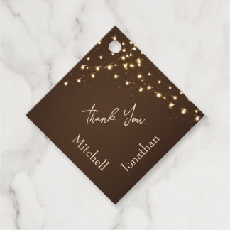 Elegante bruine en gouden slingerlichtjes bruiloft bedankjes labels