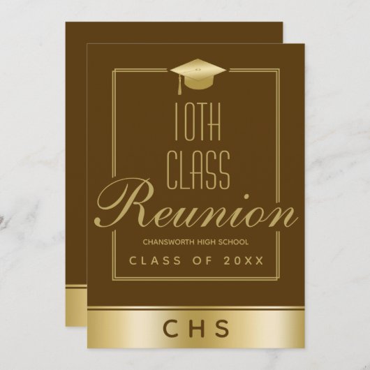 Elegante bruine gouden script 10e klas reünie kaart (Voorkant / Achterkant)