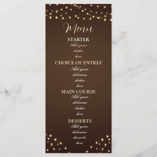 Elegante bruine & gouden slingerlichten bruiloft menu