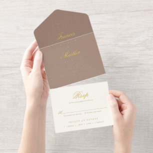 Elegante Bruine Romantische Bruiloft All In One Uitnodiging