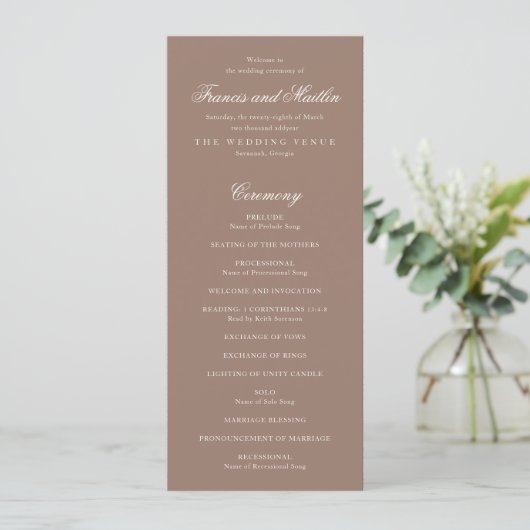 Elegante Bruine Romantische Bruiloft Programma (Staand voorkant)