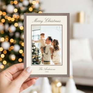Elegante bruine strepen Kerst foto Feestdagenkaart
