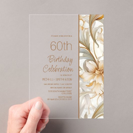Elegante Bruine Waterverf Bloemen 60ste Verjaardag Acryl Uitnodigingen (Insitu (Draagbaar))