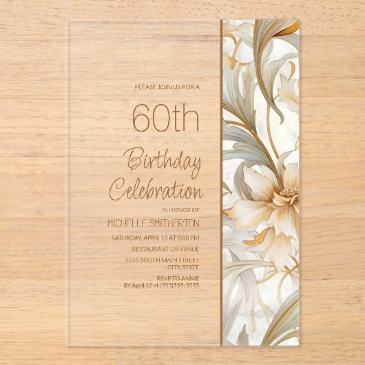 Elegante Bruine Waterverf Bloemen 60ste Verjaardag Acryl Uitnodigingen (Voorkant)
