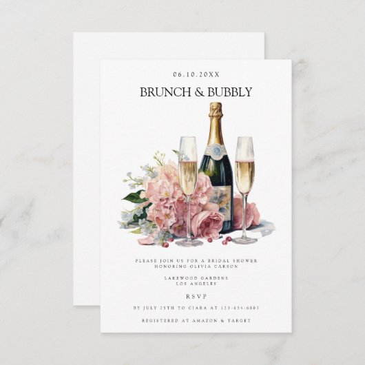 Elegante brunch & bubble bruids douche uitnodiging informatiekaartje (Voorkant / Achterkant)