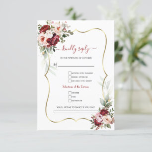 Elegante Burgundy Bloem Goud Lied Verzoek Bruiloft RSVP Kaartje