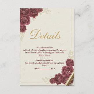 Elegante Burgundy Bloemen- en Gouden Huwelijksdeta Informatiekaartje