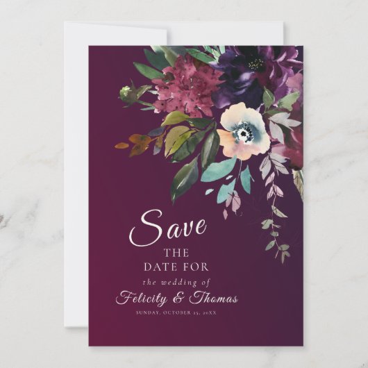 Elegante Burgundy Bloemen Trouw Save The Date Kaart (Voorkant)