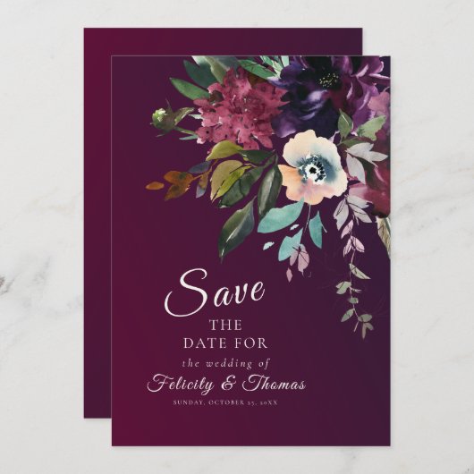 Elegante Burgundy Bloemen Trouw Save The Date Kaart (Voorkant / Achterkant)
