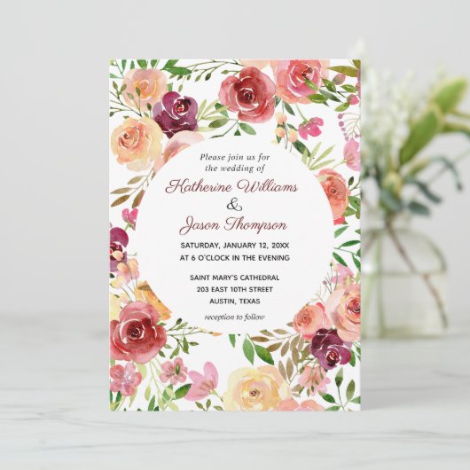 Elegante burgundy bloemenschoon met pioenrozen voo kaart (Staand voorkant)