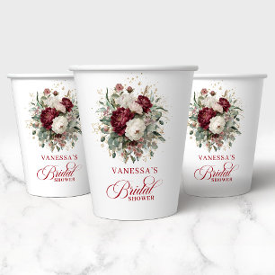 Elegante Burgundy Bloemige Bruidsdouche Papieren B Bekers
