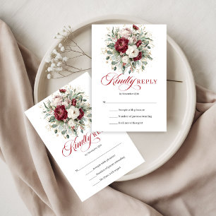 Elegante Burgundy Bloemige Eucalyptus Gouden Bruil RSVP Kaartje