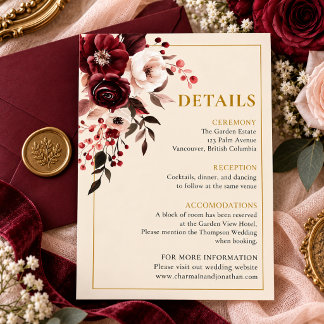 Elegante Burgundy Blush Bloem Gouden Trouwdetails Informatiekaartje