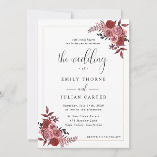 Elegante Burgundy Blush Bloemen Bruiloft Kaart