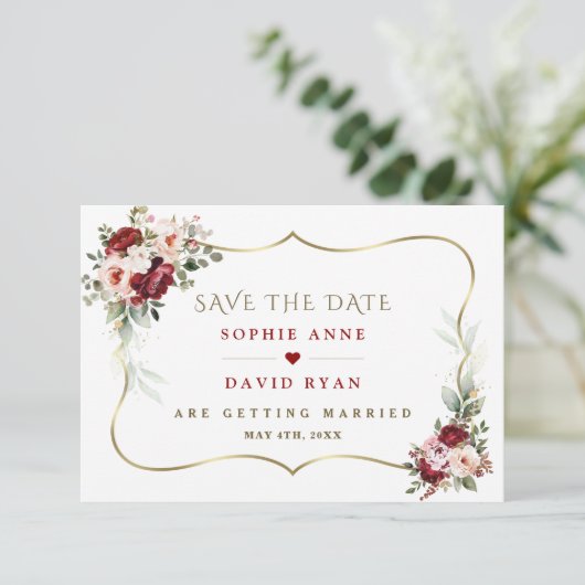 Elegante Burgundy Blush Bloemen Gouden Herfst Brui Save The Date (Staand voorkant)
