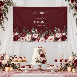 Elegante Burgundy Blush Bloemige Bruiloft Spandoek