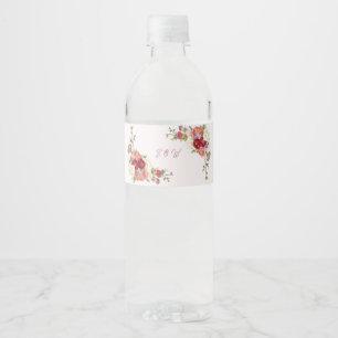 Elegante Burgundy Blush Bloemige Monogram Huwelijk Waterfles Etiket