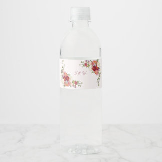 Elegante Burgundy Blush Bloemige Monogram Huwelijk Waterfles Etiket