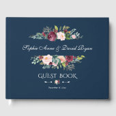 Elegante Burgundy Blush Bloemrijke Navy Blauwe Tro Gastenboek (Voorkant)