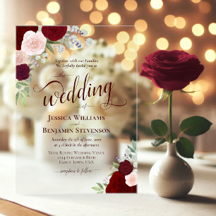 Elegante Burgundy & Blush Boho Rozen Fancy Bruilof Acryl Uitnodigingen