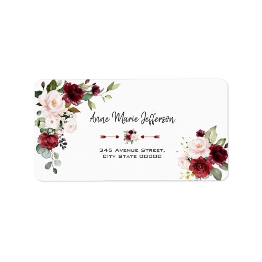 Elegante Burgundy Blush Cream Bloemen Bruiloft Etiket (Voorkant)