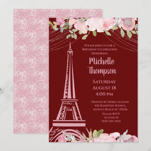 Elegante Burgundy Eiffeltoren Parijs Verjaardag  Kaart (Voorkant / Achterkant)