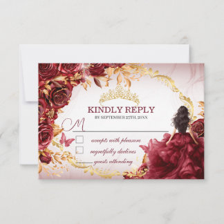 Elegante Burgundy en gouden rozen Quinceañera RSVP Notitiekaartje