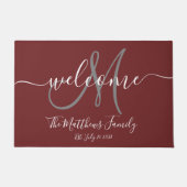Elegante Burgundy Grey Monogram Script Naam Bruilo Deurmat (Voorkant)