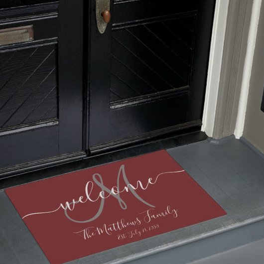 Elegante Burgundy Grey Monogram Script Naam Bruilo Deurmat