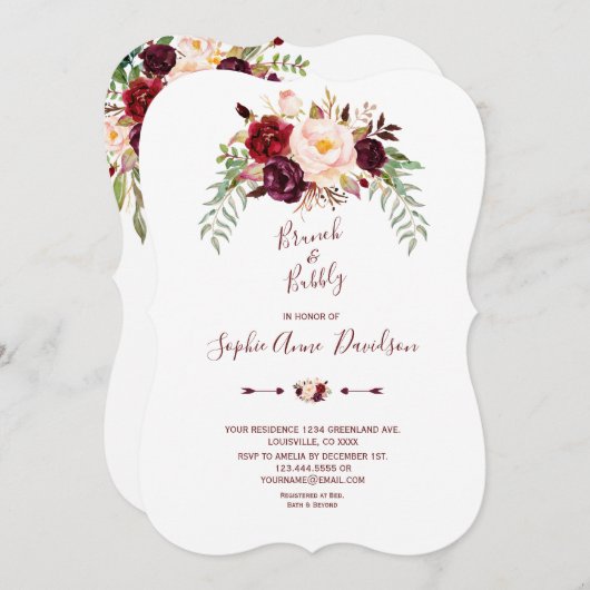 Elegante Burgundy Marsala Bloemige Brunch & Mousse Kaart (Voorkant / Achterkant)