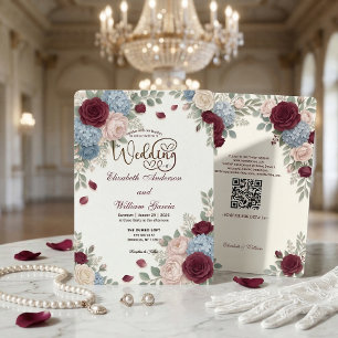 Elegante Burgundy Roos Moderne QR Code Trouwdag Kaart