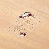 Elegante Burgundy Roze Bloemen Gouden Bruiloft Acryl Uitnodigingen (Laagn)