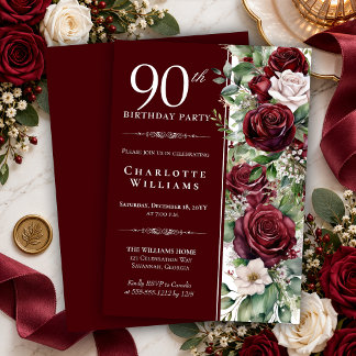 Elegante Burgundy Wijn Roos Bloemige 90ste Verjaar Kaart