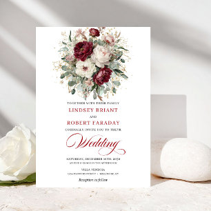 Elegante Burgundy Wit Gouden Botanische Trouwdag Kaart