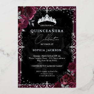 Elegante Burgundy Zilveren Roos Quinceanera Folie Uitnodiging