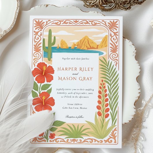 Elegante Cabo San Lucas De Boog Bloemen Huwelijk Kaart