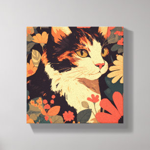 Elegante Calico Cat in Bloementuin Canvas Print