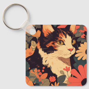 Elegante Calico Cat in Floral Garden Sleutelhanger