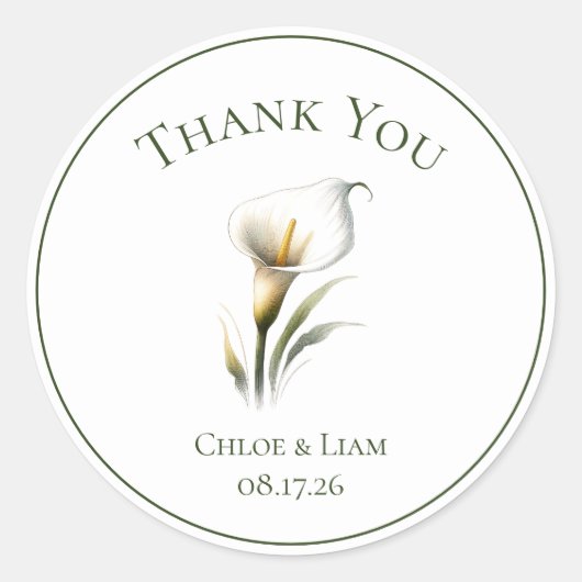 Elegante Calla Lily Bedankt bruiloft Ronde Sticker (Voorkant)