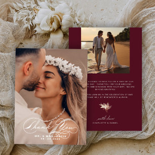 Elegante Calligrafie Foto Bruiloft Burgundy Bedankkaart