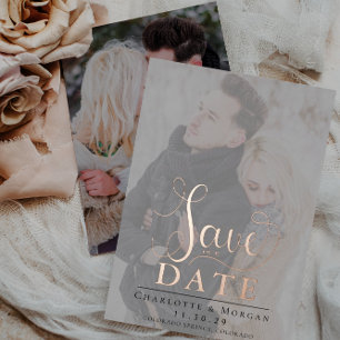 Elegante Calligrafie Twee Foto's Save the Date Folie Uitnodiging