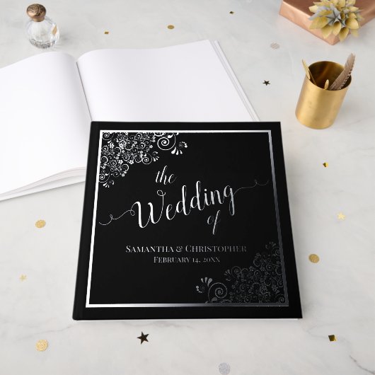 Élégante calligraphie Mariage noir et argent (Recto ouvert)