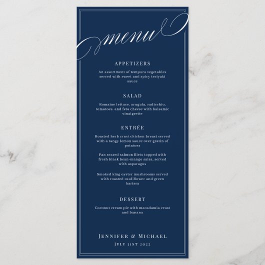 Élégante calligraphie Marine Bleu Classic Menu Mar (Devant)