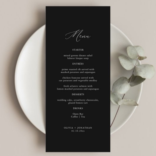 Élégante calligraphie Menu Mariage noir
