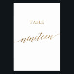 Élégante calligraphie Or Numéro de table Dix-neuf<br><div class="desc">Cet élégant tableau de calligraphie or dix-neuf chiffres de table est parfait pour un mariage simple. Le design neutre présente une carte minimaliste décorée avec une typographie romantique et fantaisiste de feuille d'or. La carte s'imprime à l'avant et à l'arrière (double face). Les autres numéros de tableau de la collection...</div>