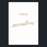 Élégante calligraphie Or Numéro de table Dix-sept<br><div class="desc">Cet élégant tableau de calligraphie or dix-sept numéro de table est parfait pour un mariage simple. Le design neutre présente une carte minimaliste décorée avec une typographie romantique et fantaisiste de feuille d'or. La carte s'imprime à l'avant et à l'arrière (double face). Les autres numéros de tableau de la collection...</div>