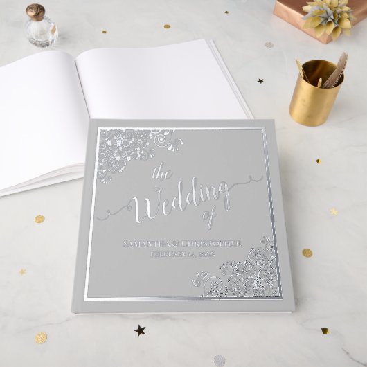 Élégante calligraphie Silver Foil sur Mariage gris (Recto ouvert)