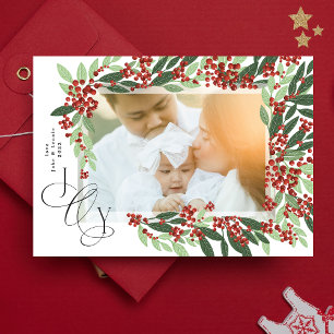 Elegante Calligraphy JOY Botanische Kerst Foto Feestdagenkaart